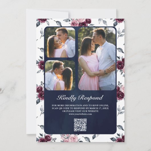 Invitation Dusty rose Plum violet Floral QR Code Marine Maria (Dos)