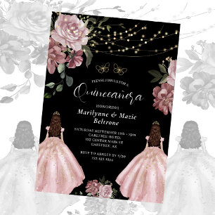 Invitation Dusty Rose Princess Floral Twins Quinceañera