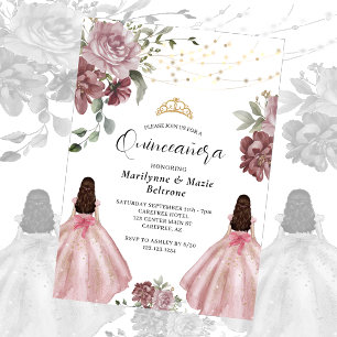 Invitation Dusty rose princesse Floral Twins Quinceañera