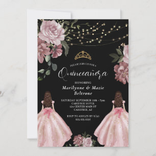 Invitation Dusty rose princesse Floral Twins Quinceañera