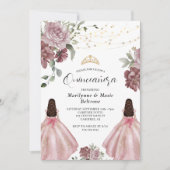 Invitation Dusty rose princesse Floral Twins Quinceañera (Devant)