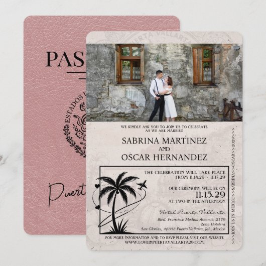 Invitation Dusty Rose Puerta Vallarta Mariage de passeport (Devant / Derrière)