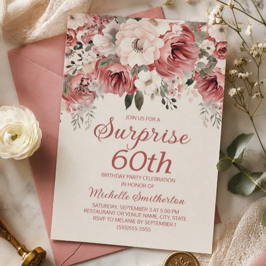Invitation Dusty Rose Red Cream Floral Surprise 60th