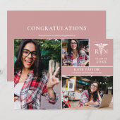 Invitation Dusty Rose RN Nursing 3 Photo Graduation Party (Devant / Derrière)