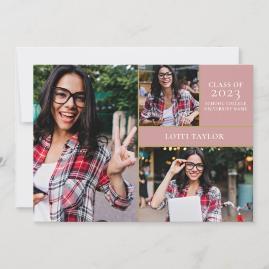 Invitation Dusty Rose rose 3 Photo Gold Graduation Party (Devant)