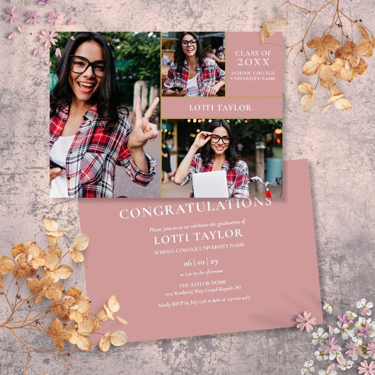 Invitation Dusty Rose rose 3 Photo Gold Graduation Party Invi