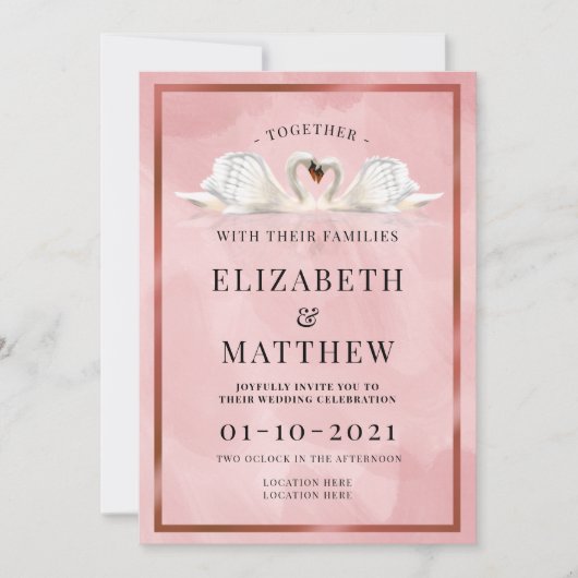 Invitation Dusty Rose Rose couleur thème avec Mariage Swans (Devant)