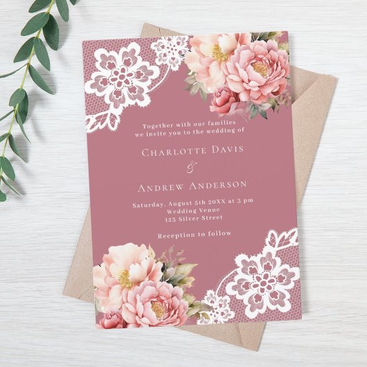 Invitation Dusty rose rose dentelle fleurie mariage de luxe