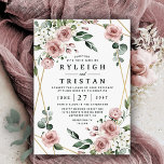 Invitation Dusty Rose rose et or Floral Mariage<br><div class="desc">Le design se compose d'un élégant cadre géométrique couleur or (imprimé) décoré de roses d'aquarelle dans des tons de rose rose poussiéreux, mauve et similaires avec des éléments floraux blancs sur différents types de branches vertes et feuilles. Visualisez la collection sur cette page pour trouver les produits correspondants de cette...</div>