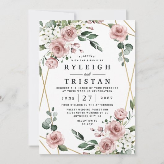 Invitation Dusty Rose rose et or Floral Mariage (Devant)