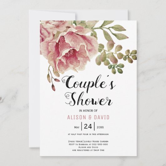 Invitation Dusty rose rose fleurs mariages couples douche (Devant)