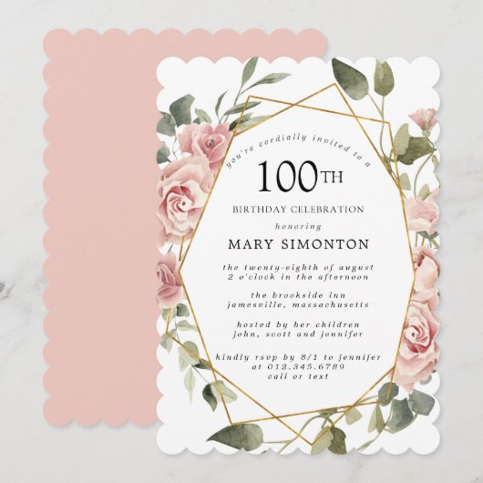 Invitation Dusty Rose Rose Floral 100e fête d'anniversaire (Devant / Derrière)