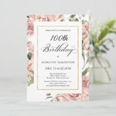 Invitation Dusty Rose Rose Floral 100e fête d'anniversaire (Debout devant)