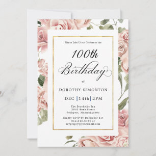 Invitation Dusty Rose Rose Floral 100e fête d'anniversaire