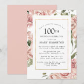 Invitation Dusty Rose Rose Floral 100e Gold Anniversaire (Devant / Derrière)