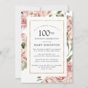 Invitation Dusty Rose Rose Floral 100e Gold Anniversaire
