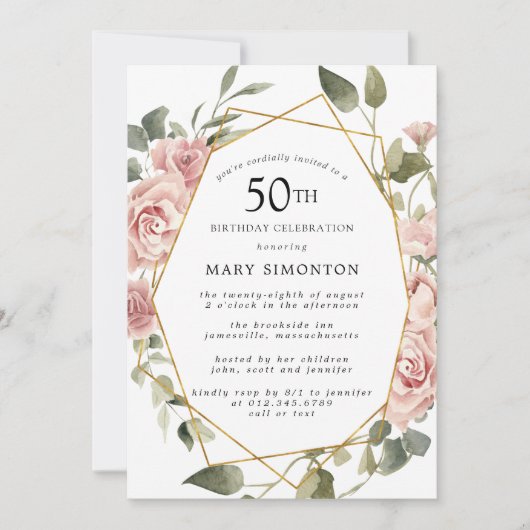 Invitation Dusty Rose Rose Floral 50e fête d'anniversaire (Devant)
