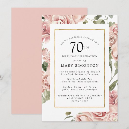 Invitation Dusty Rose Rose Floral 70e Gold Birthday Party (Devant / Derrière)