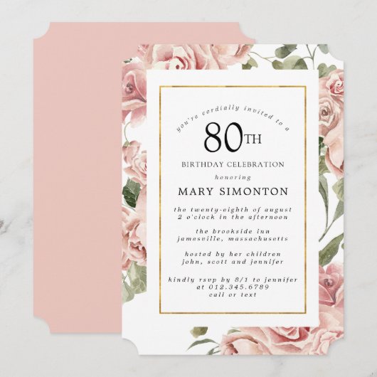 Invitation Dusty Rose Rose Floral 80e Gold Birthday Party (Devant / Derrière)