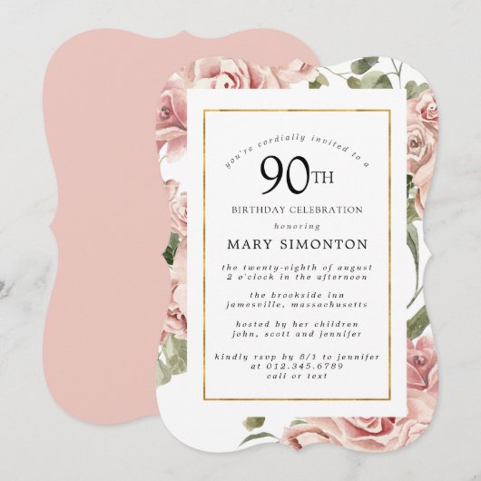 Invitation Dusty Rose Rose Floral 90e Gold Birthday Party (Devant / Derrière)