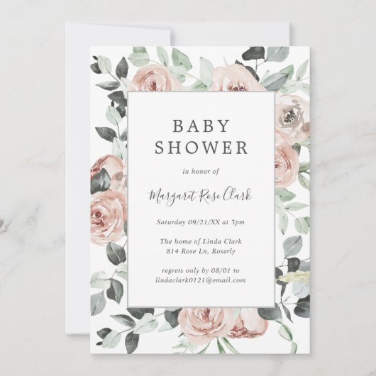 Invitation Dusty Rose rose Floral Baby shower fille (Devant)