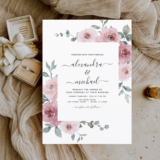 Invitation Dusty Rose rose Floral Eucalyptus Mariage vert
