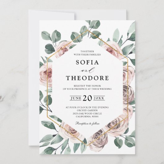 Invitation Dusty rose Rose floral Mariage géométrique (Devant)