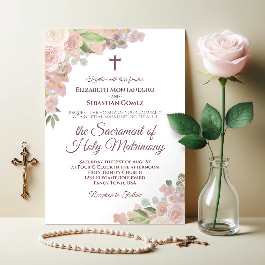 Invitation Dusty Rose rose Floral moderne Mariage catholique 
