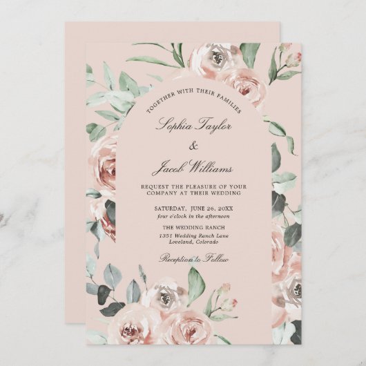 Invitation Dusty Rose rose floral vert Mariage Eucalyptus (Devant / Derrière)