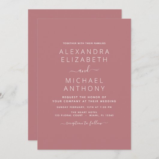 Invitation Dusty Rose rose Mariage moderne Typographie (Devant / Derrière)