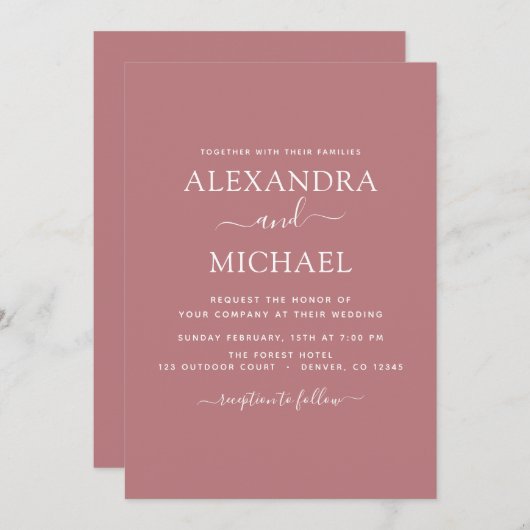 Invitation Dusty Rose rose Mariage moderne Typographie (Devant / Derrière)