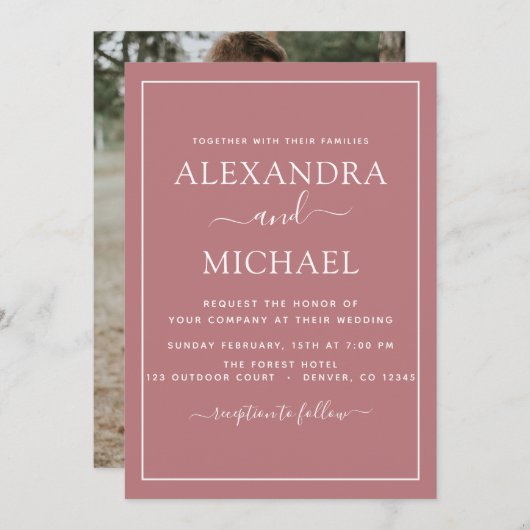 Invitation Dusty Rose rose Mariage Romantique Photo Invitatio (Devant / Derrière)