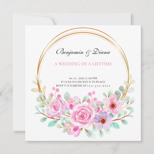 Invitation Dusty Rose rose Mauve or vert Mariage floral (Devant)