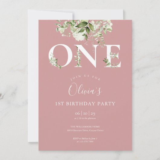 Invitation Dusty Rose rose mignonne Floral Vert 1er Anniversa (Devant)