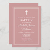 Invitation Dusty Rose rose moderne élégant Baptême frontalier (Devant / Derrière)