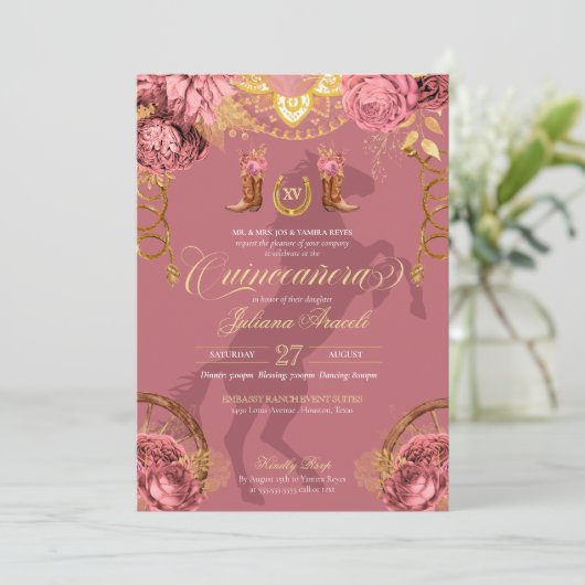 Invitation Dusty Rose rose or élégant Charro Quinceanera (Debout devant)