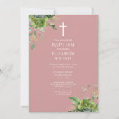 Invitation Dusty Rose rose verdure Monogramme  Baptême (Devant)