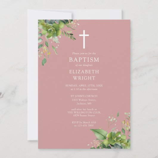 Invitation Dusty Rose rose verdure Monogramme  Baptême (Devant)