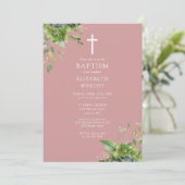 Invitation Dusty Rose rose verdure Monogramme  Baptême (Debout devant)