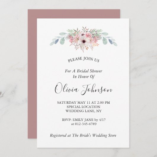 Invitation Dusty Rose Rustic Eucalyptus Fête des mariées (Devant / Derrière)