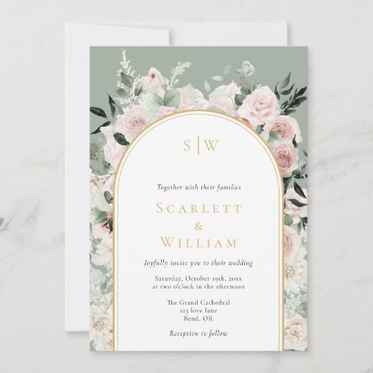 Invitation Dusty Rose Sage Simple Monogramme Tout en un Maria (Devant)