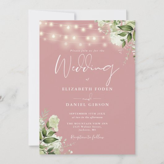 Invitation Dusty Rose String éclaire Floral QR Code Mariage (Devant)