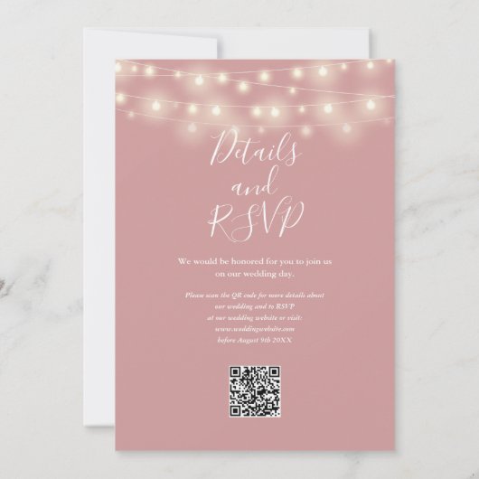 Invitation Dusty Rose String éclaire Floral QR Code Mariage (Dos)