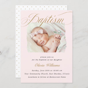 Invitation Dusty rose subtile Scripts Typo Baptême Photo