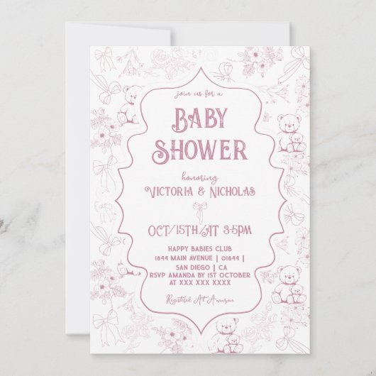 Invitation Dusty rose Toile Bow ours bébé fille douche (Devant)