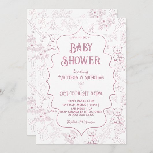 Invitation Dusty rose Toile Bow ours bébé fille douche (Devant / Derrière)
