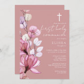 Invitation Dusty Rose Transparent Floral Première Sainte Comm (Devant / Derrière)