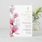 Invitation Dusty Rose Transparent Monogramme floral Baptême (Debout devant)