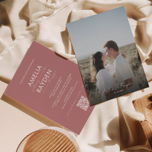 Invitation Dusty Rose Typographie Script Photo QR Code Mariag