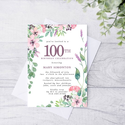 Invitation Dusty rose violet Fleur sauvage 100e anniversaire